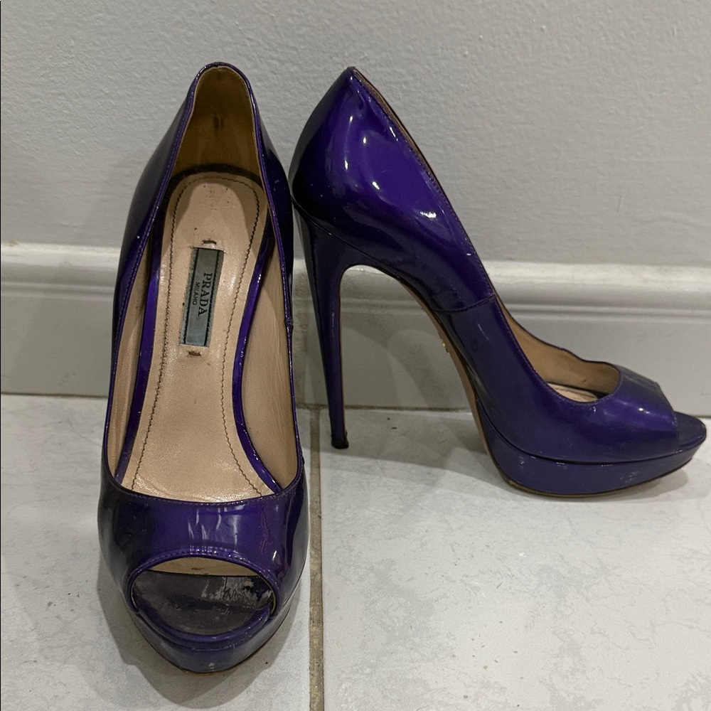 Prada Glossy Purple Patent Leather Peep-Toe Pumps